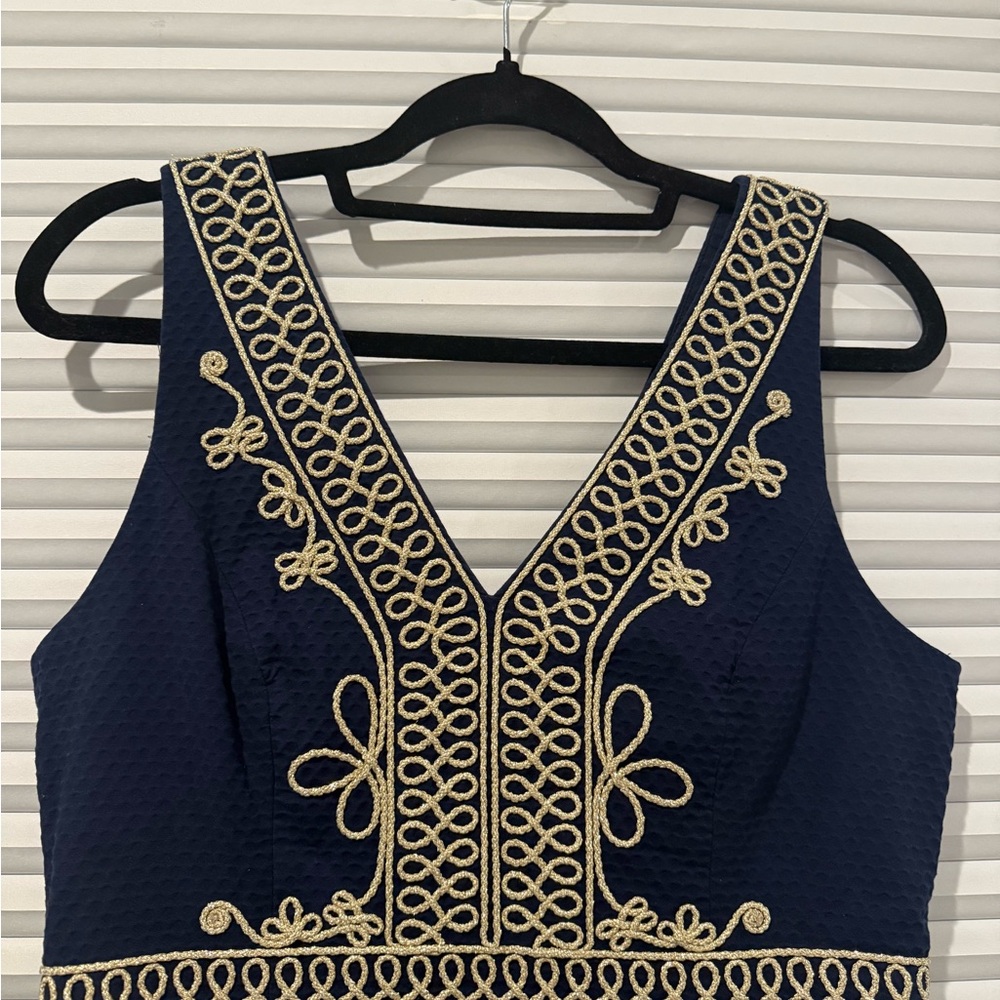 Lilly Pulitzer Navy and Gold Shift Dress Size 8 with Gold Embroidery